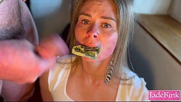 Mouth stuffed with dollar bills, face fucked, a...
